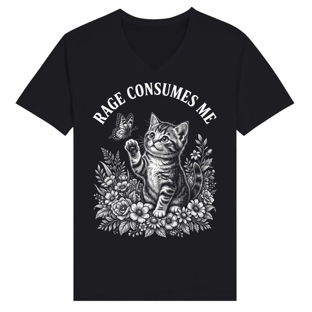 Product rage cat butterfly floral whimsical V-Neck T-shirt
