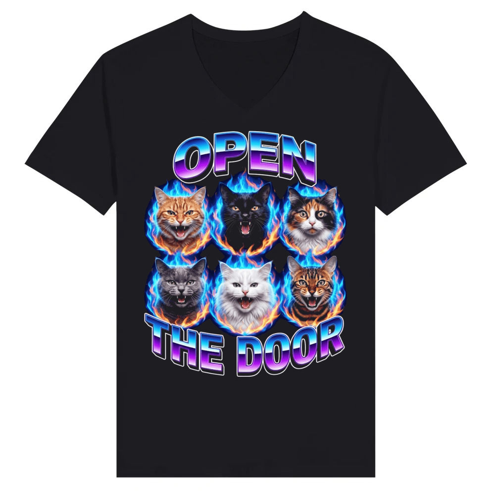 Product Open Door Cats Fire Colorful V-Neck T-shirt