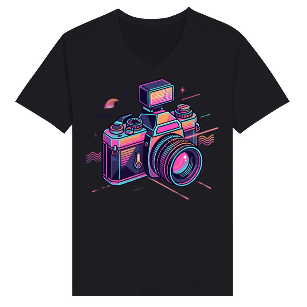 Product Retro Neon Film Camera Synthwave Aesthetic V-Neck T-shirt