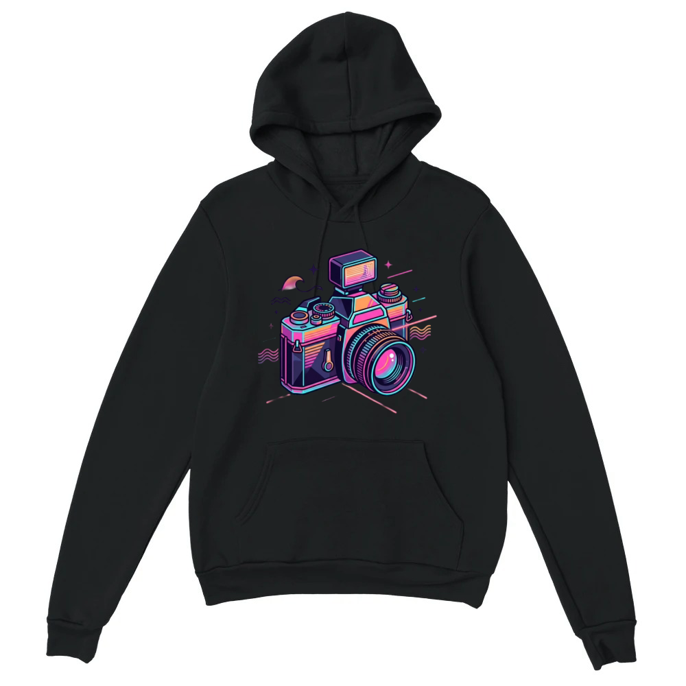 Product Retro Neon Film Camera Synthwave Aesthetic Unisex Hoodie