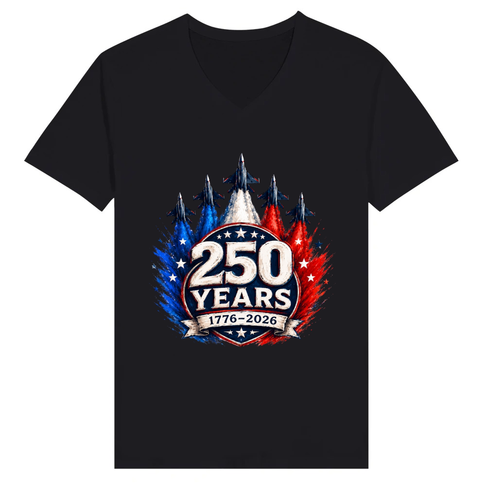Product 250 Years 1776 2026 Jet Air 4th of July Patriotic V-Neck T-shirt