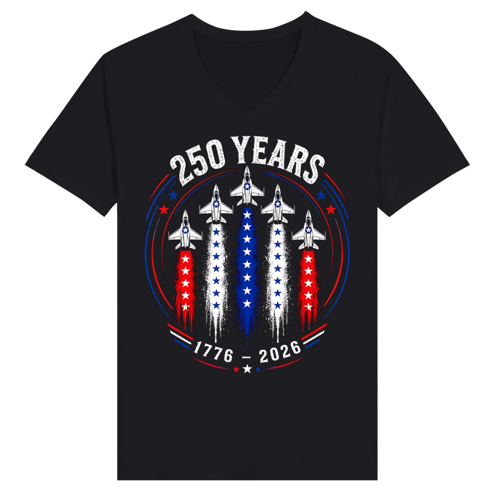 Product 250 Years 1776 2026 Jet Air 4th of July Patriotic V-Neck T-shirt