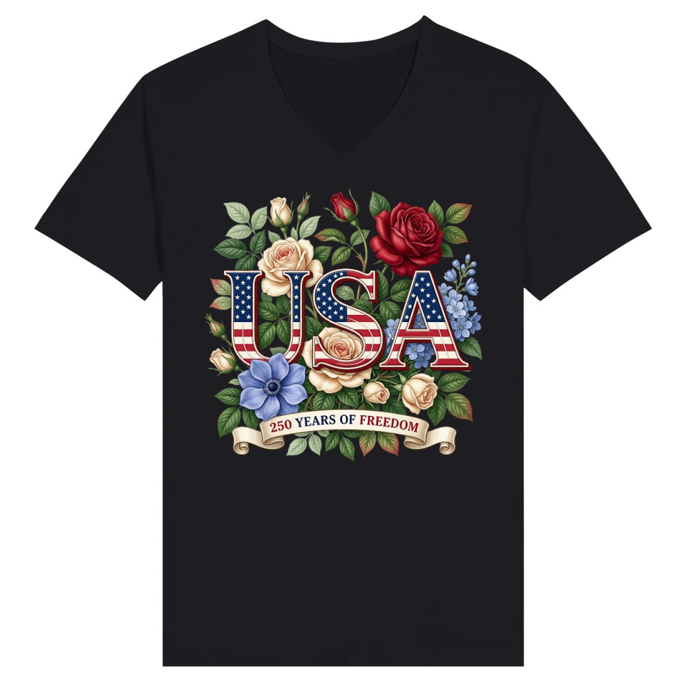 Product USA 250 Years Of Freedom Patriotic Roses V-Neck T-shirt
