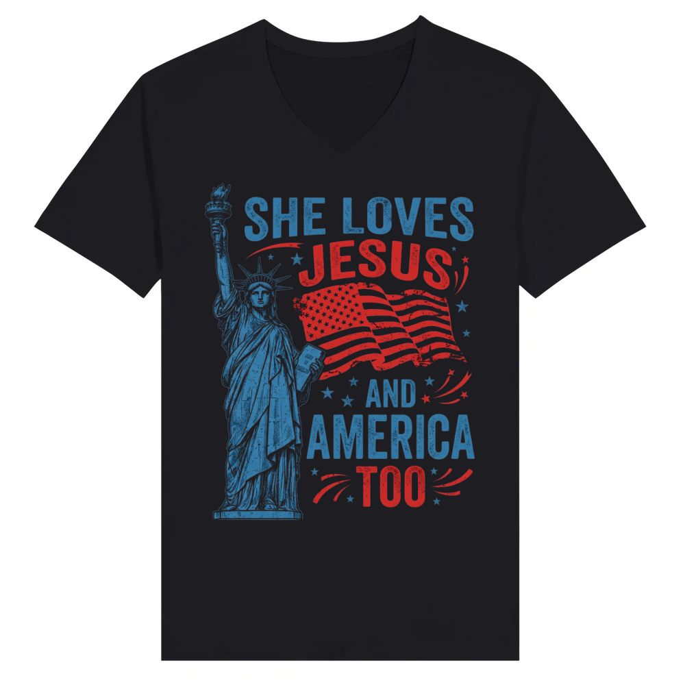 Product Jesus America Patriotic Statue Flag V-Neck T-shirt