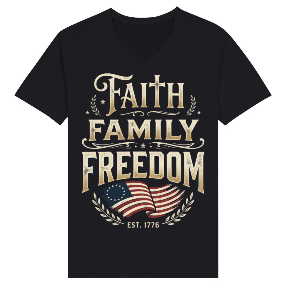 Product Faith Family Freedom Vintage 1776 Patriotic Flag V-Neck T-shirt