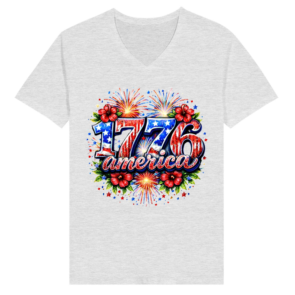 Product Vintage 1776 America Floral Flag Firework V-Neck T-shirt