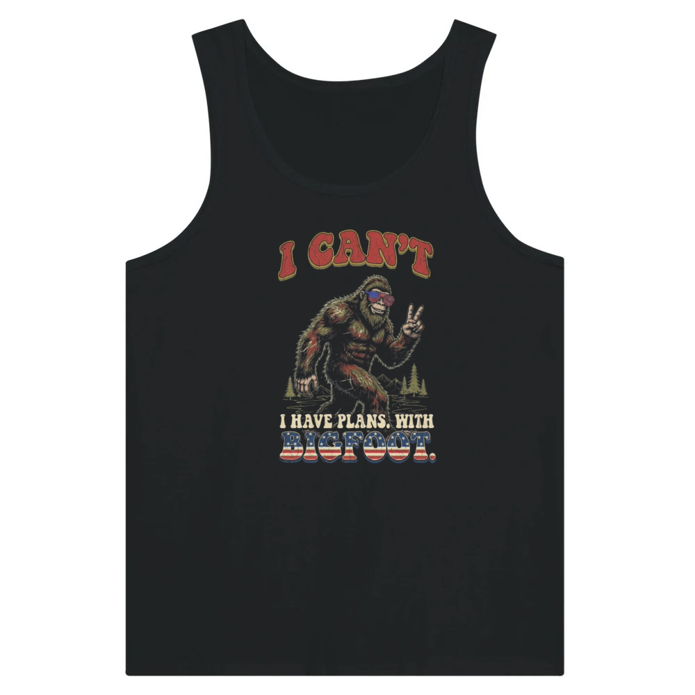 Product I Can't I Have Plans with Bigfoot Funny Patirotic Tank Top