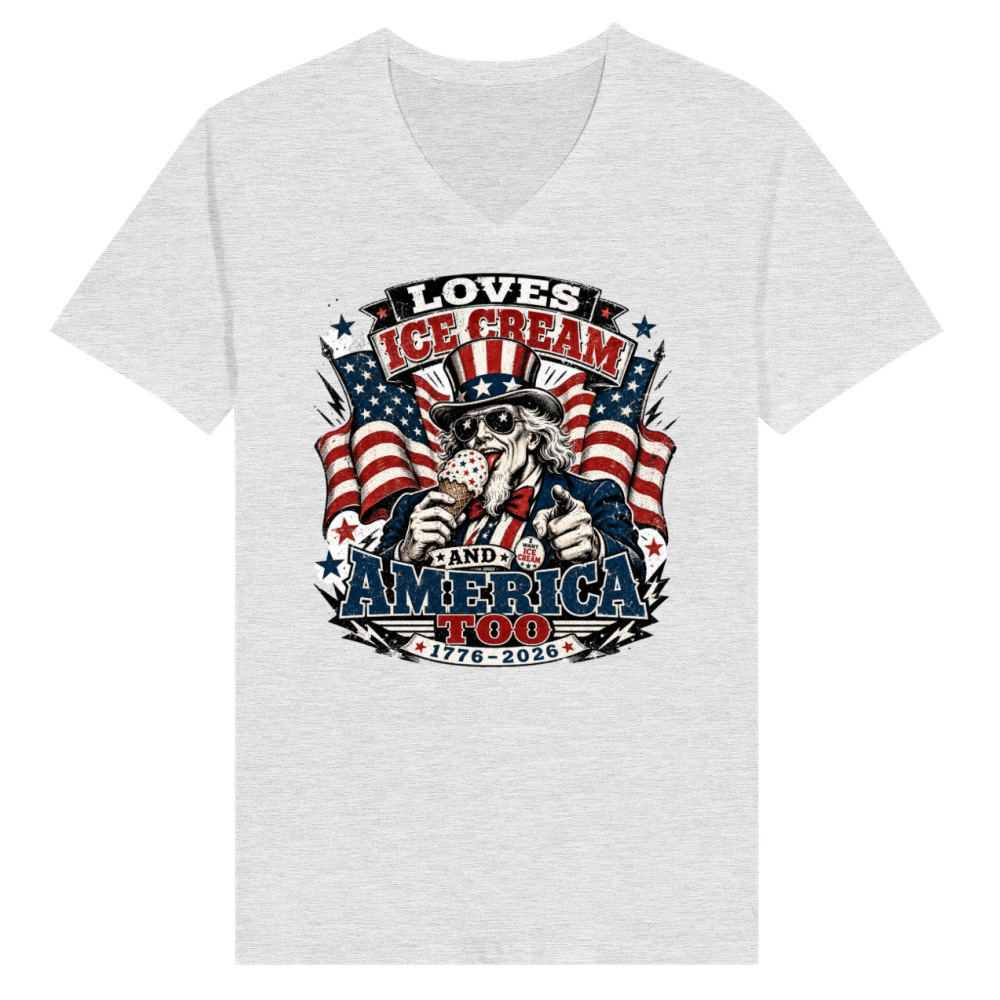 Product Loves Ice Cream and America too Funny USA 250 V-Neck T-shirt
