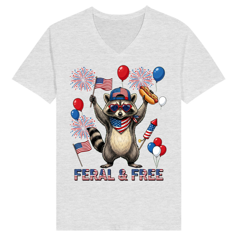 Product Funny Feral and Free Patriotic Raccoon 4th of July V-Neck T-shirt