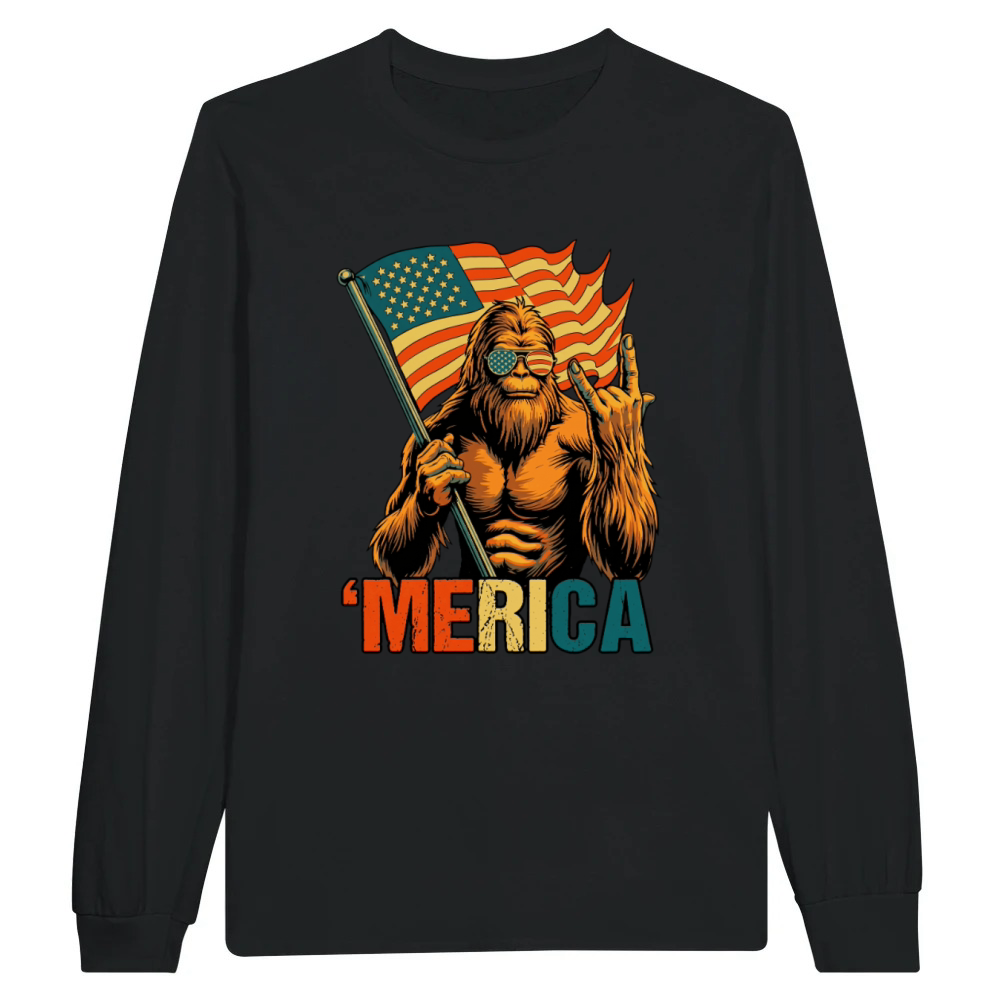 Product Funny Retro Bigfoot Merica American Flag Patriot Unisex Longsleeve