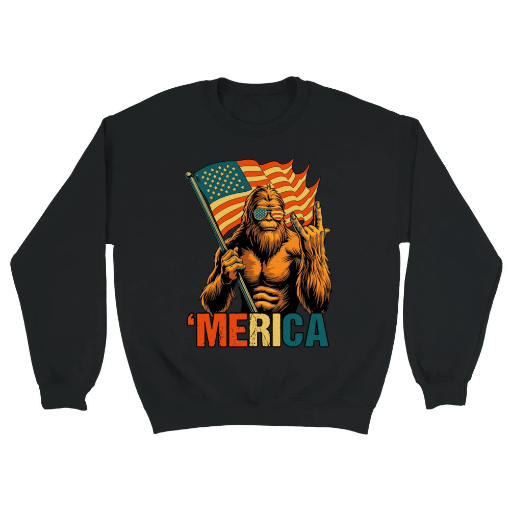Product Funny Retro Bigfoot Merica American Flag Patriot Unisex Sweatshirt
