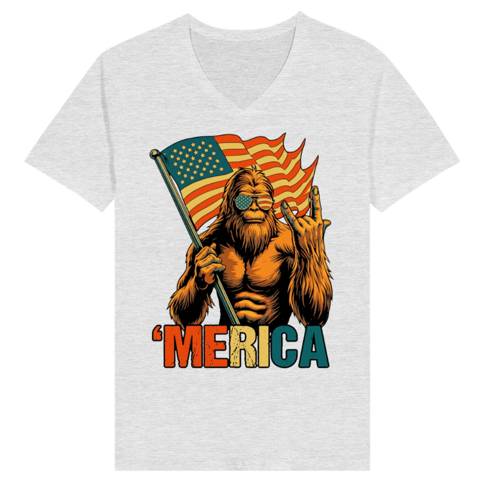 Product Funny Retro Bigfoot Merica American Flag Patriot V-Neck T-shirt