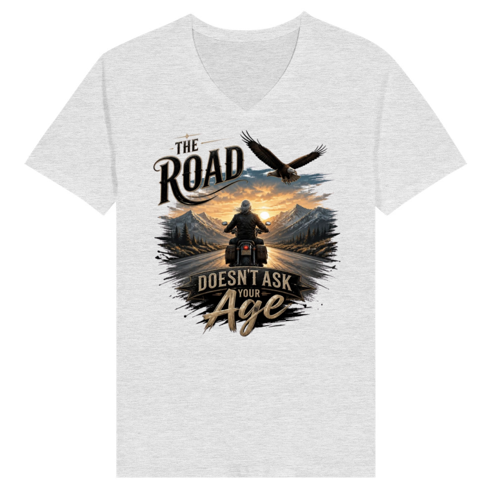 Product The Road Doesn't Ask Your Age gift for grandpa V-Neck T-shirt