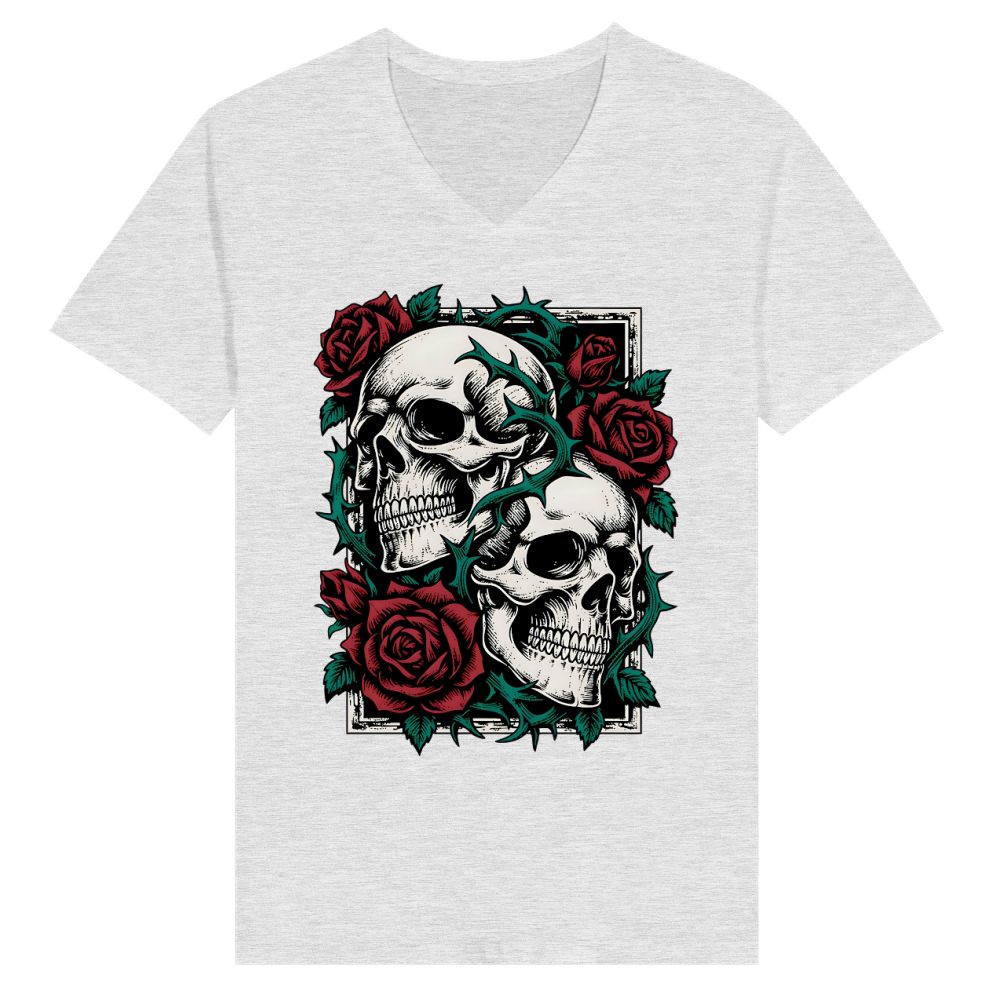 Product Skulls and Roses Gothic Tattoo Style Halloween V-Neck T-shirt