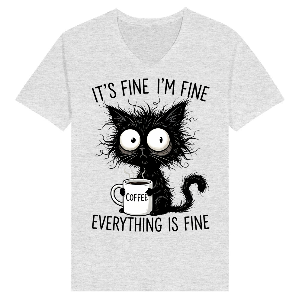 Product It's Fine Funny Coffee Cat V-Neck T-shirt