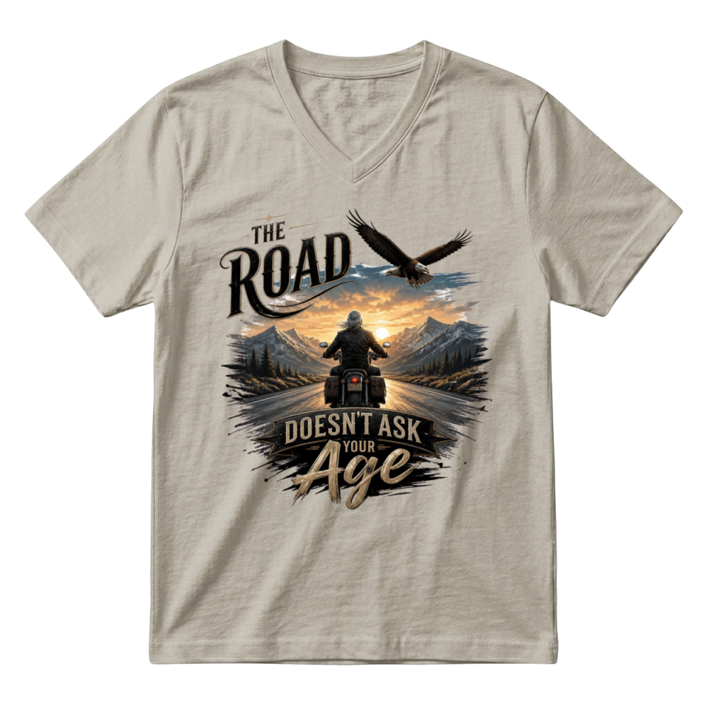 Product The Road Doesn't Ask Your Age gift for grandpa V-Neck T-shirt
