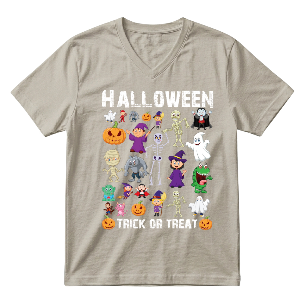 Product halloween trick or treat funny cartoon V-Neck T-shirt