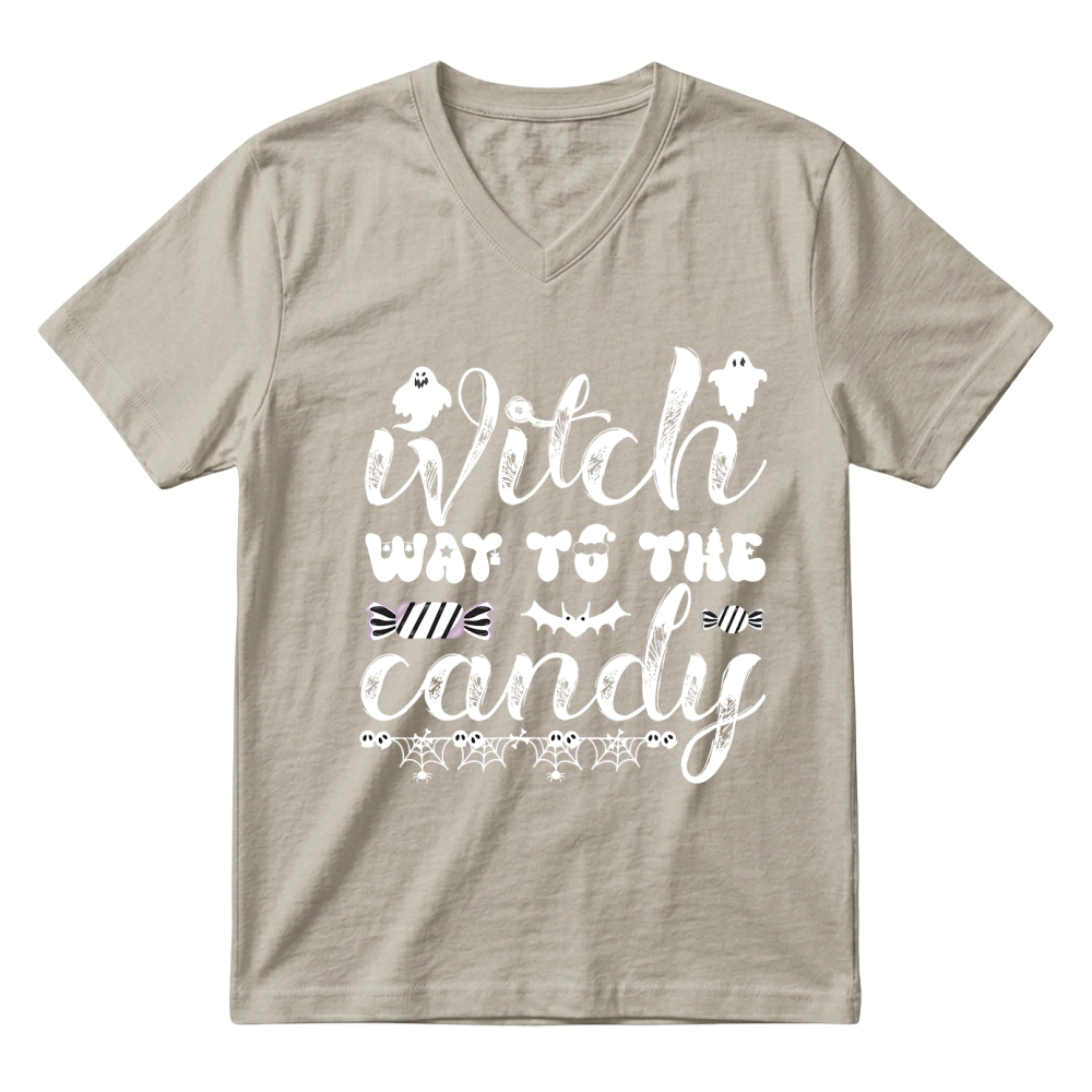 Product witch way to the candy trending halloween V-Neck T-shirt