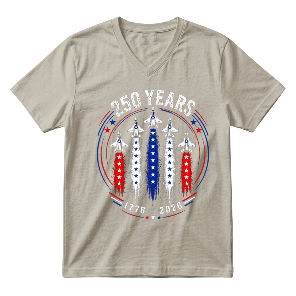 Product 250 Years 1776 2026 Jet Air 4th of July Patriotic V-Neck T-shirt
