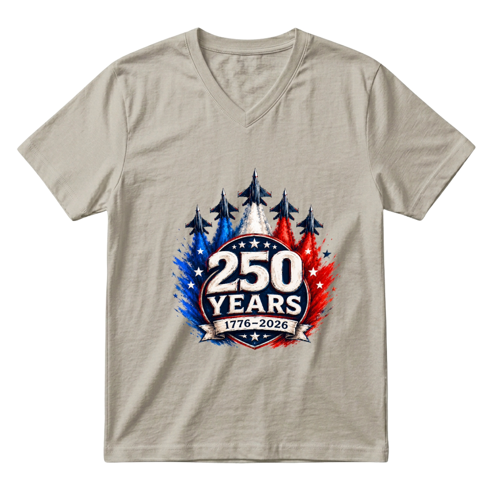 Product 250 Years 1776 2026 Jet Air 4th of July Patriotic V-Neck T-shirt