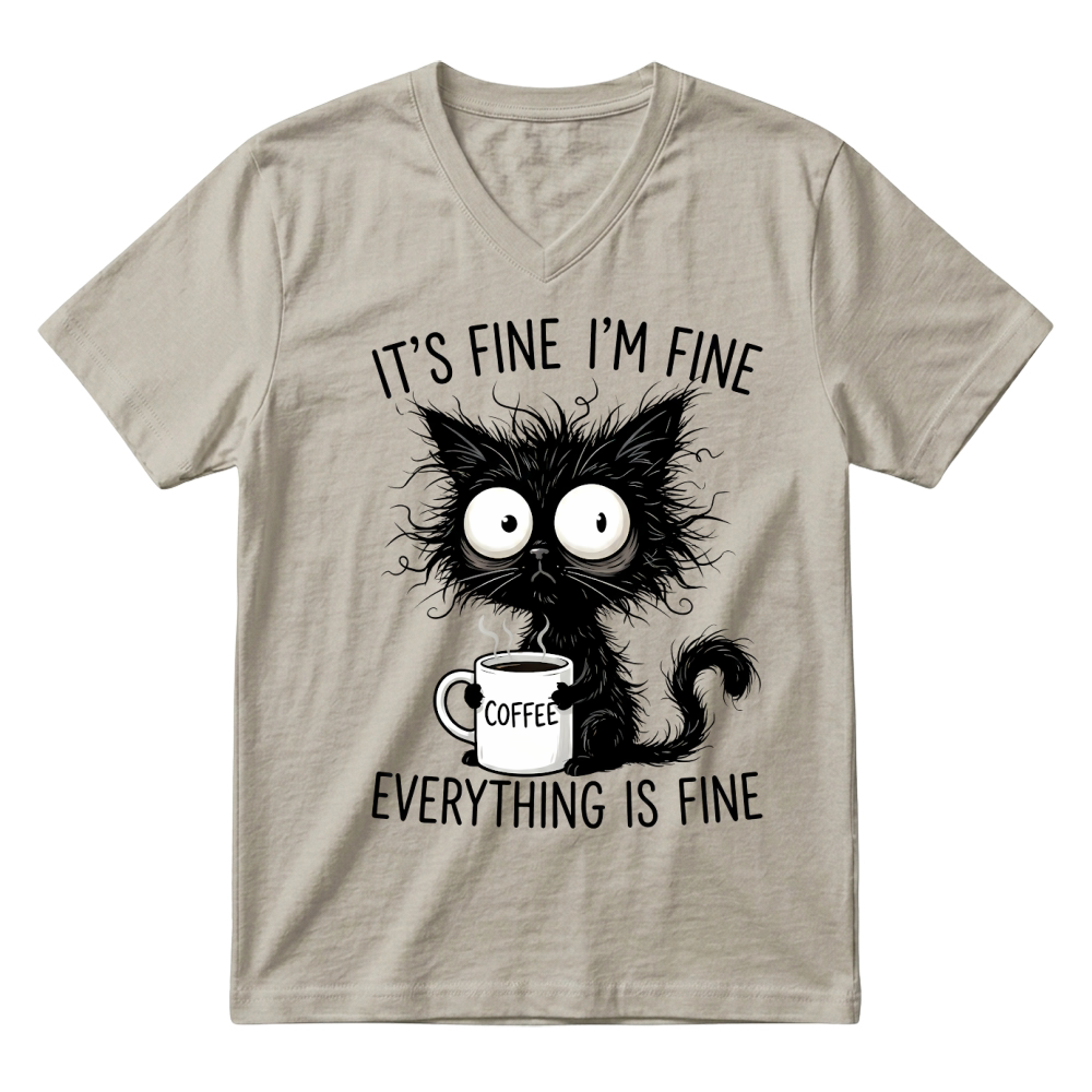 Product It's Fine Funny Coffee Cat V-Neck T-shirt