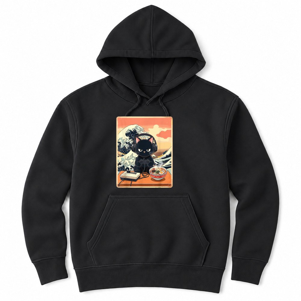 Product Retro Gamer Cat with Ramen Great Wave for Anime Fans T Shirt Unisex Hoodie