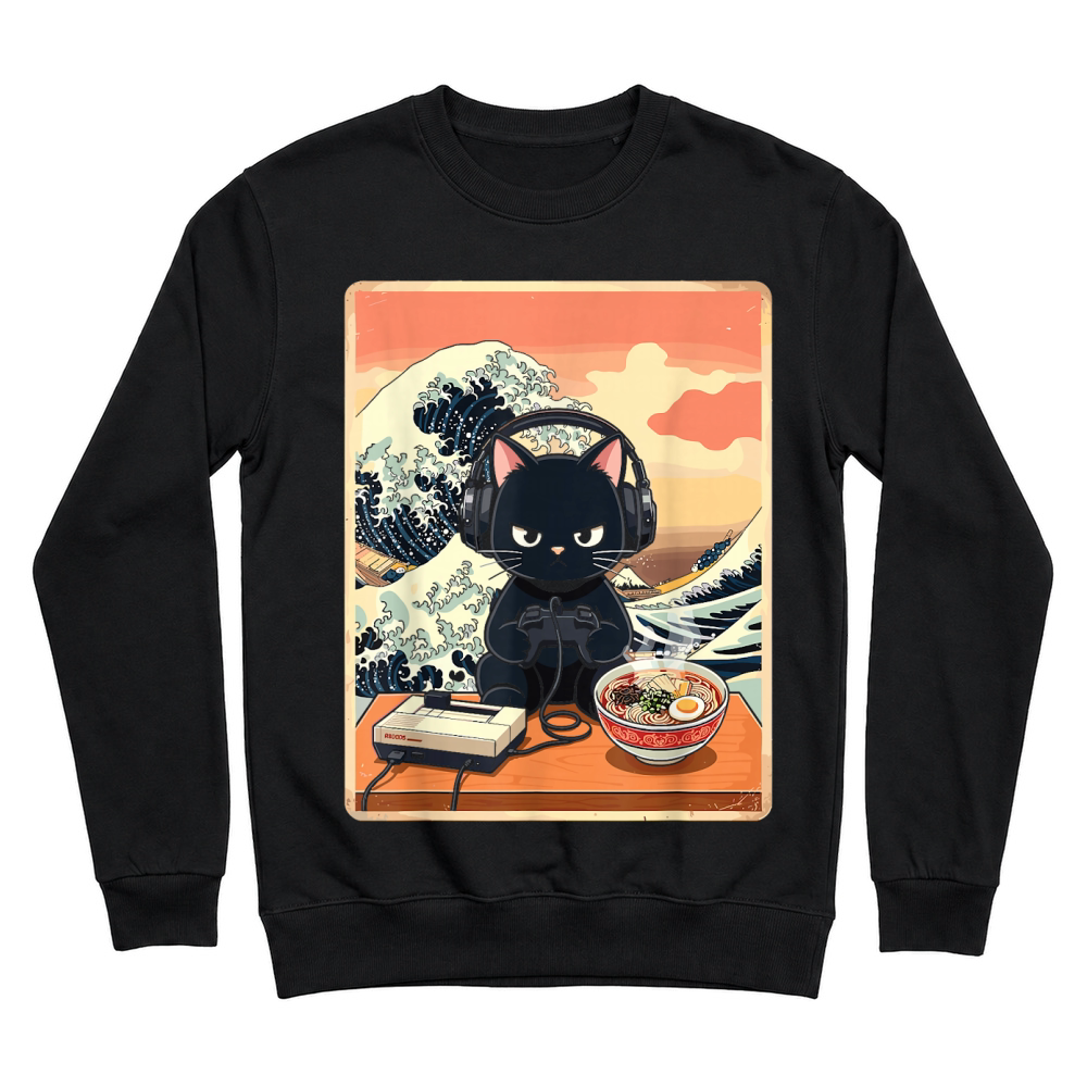 Product Retro Gamer Cat with Ramen Great Wave for Anime Fans T Shirt Unisex Sweatshirt