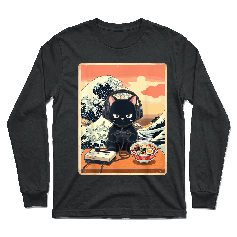 Product Retro Gamer Cat with Ramen Great Wave for Anime Fans T Shirt Unisex Longsleeve