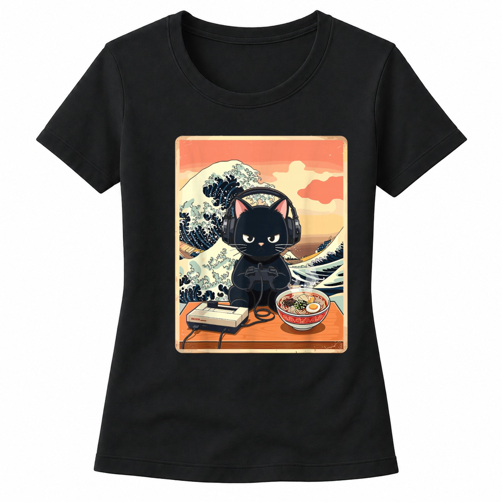 Product Retro Gamer Cat with Ramen Great Wave for Anime Fans T Shirt Women's T-shirts