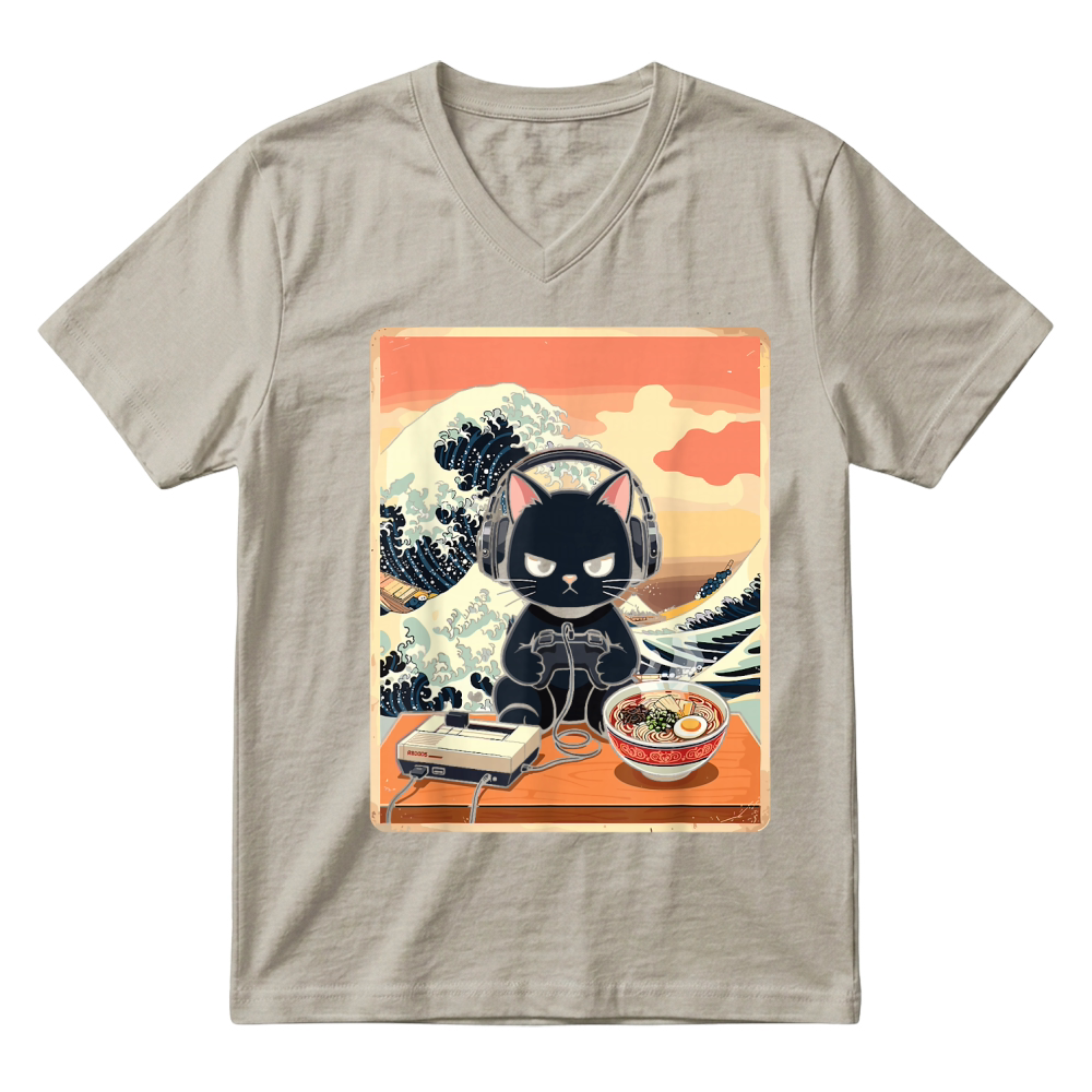 Product Retro Gamer Cat with Ramen Great Wave for Anime Fans T Shirt V-Neck T-shirt