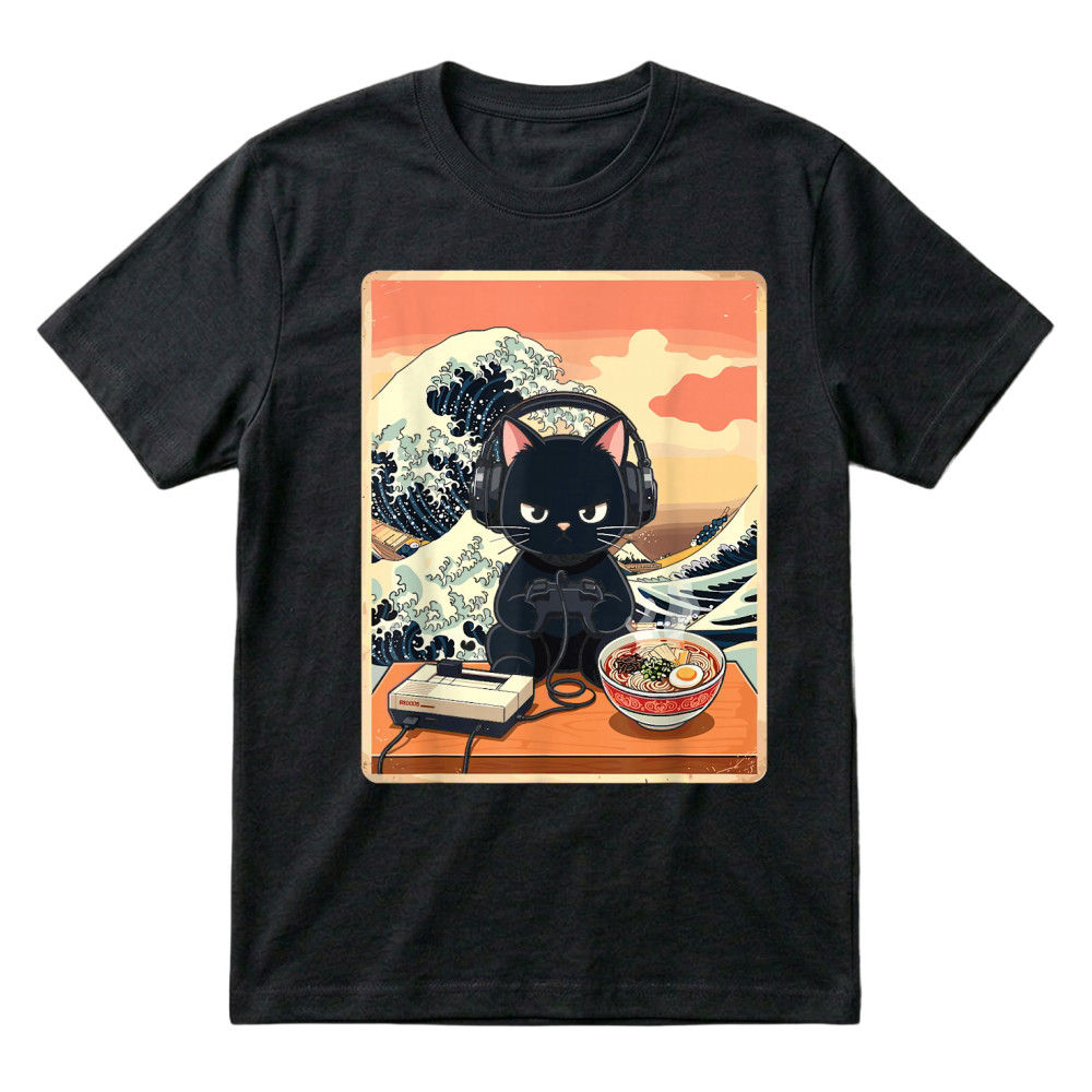 Product Retro Gamer Cat with Ramen Great Wave for Anime Fans T Shirt T-Shirt