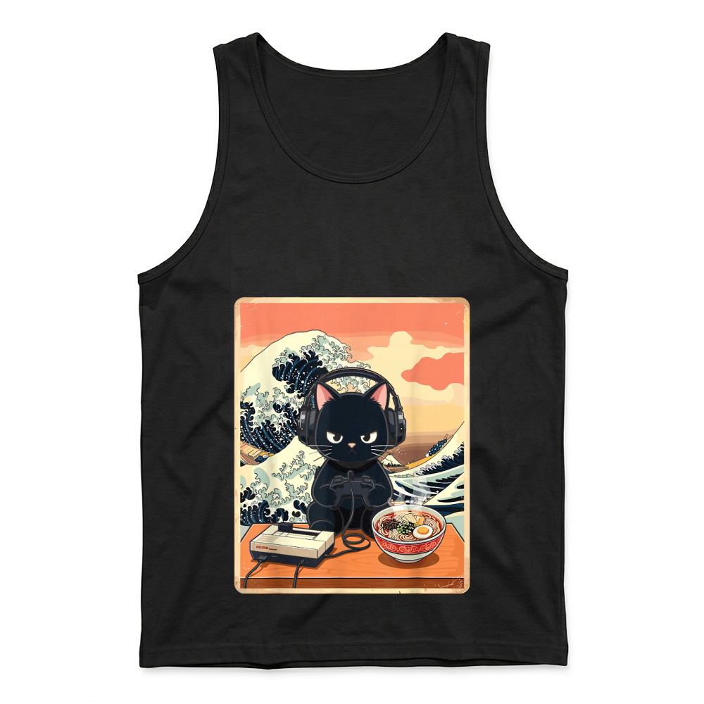 Product Retro Gamer Cat with Ramen Great Wave for Anime Fans T Shirt Tank Top