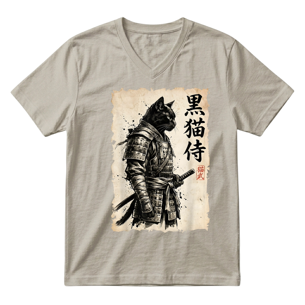 Product Samurai Cat Warrior Anime Japanese Art Kawaii Cat Samurai T Shirt V-Neck T-shirt