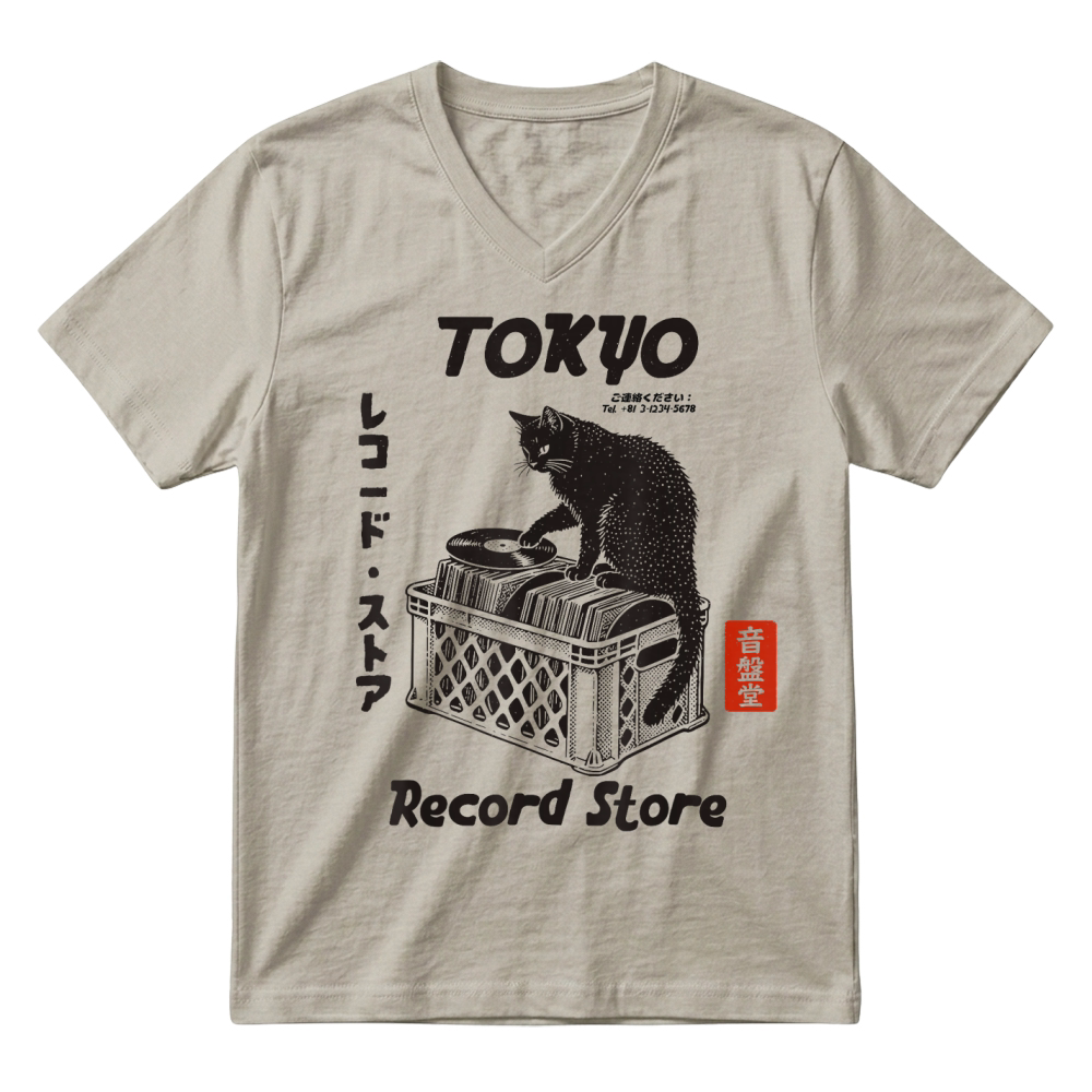 Product Tokyo Record Store Cat, Vintage Japanese Vinyl Music Anime T Shirt V-Neck T-shirt