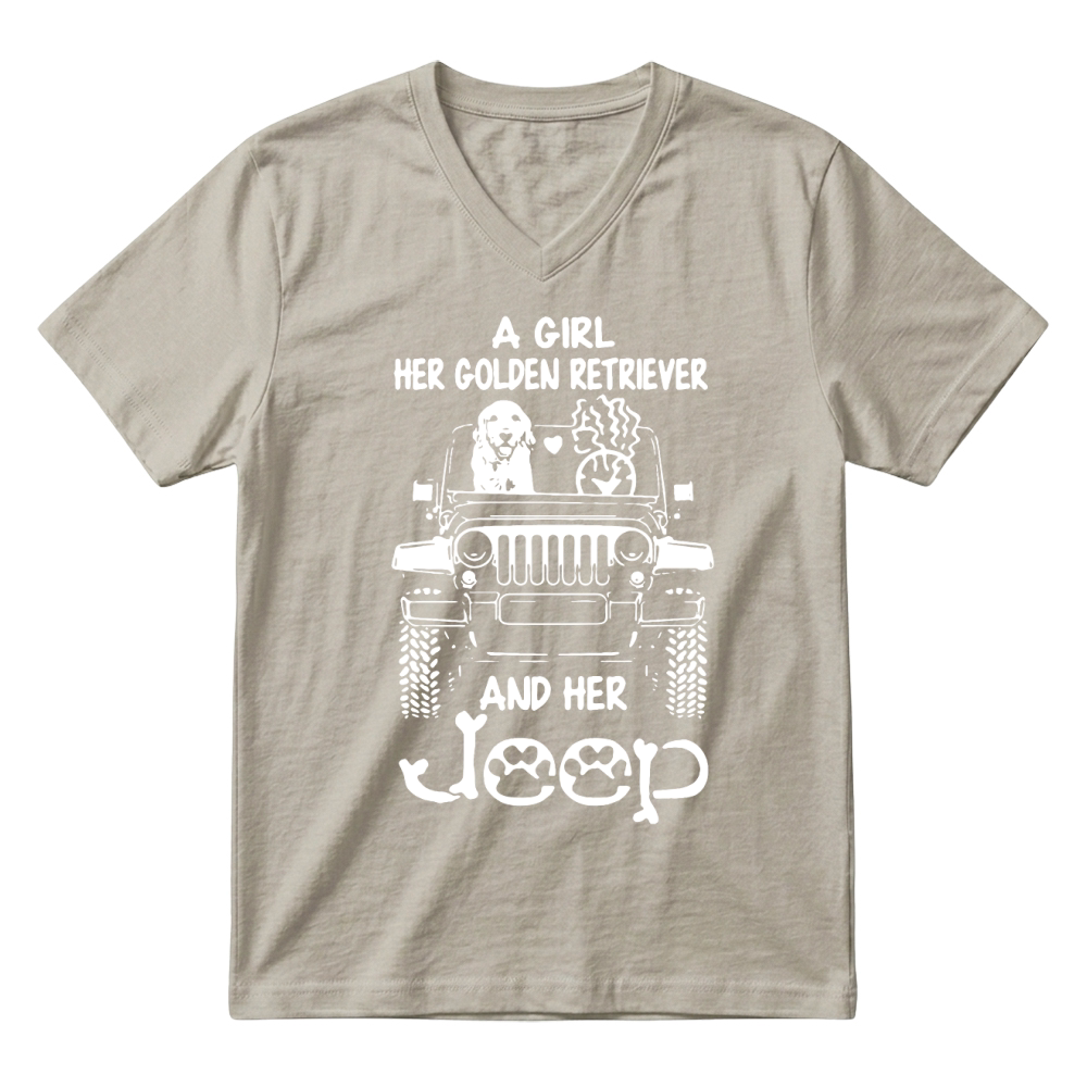 Product a girl her golden retriever and her jeep Hoodie Unisex V-Neck T-shirt