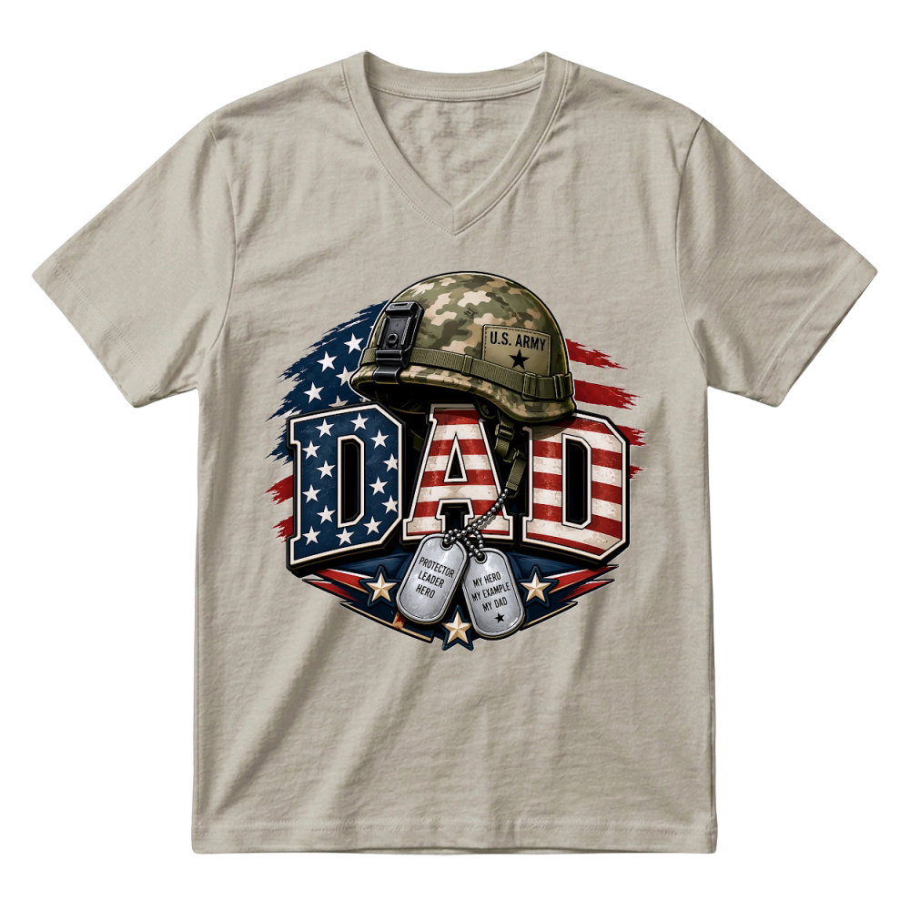 Product Dad Camo Army Helmet USA Flag Dogtag V-Neck T-shirt