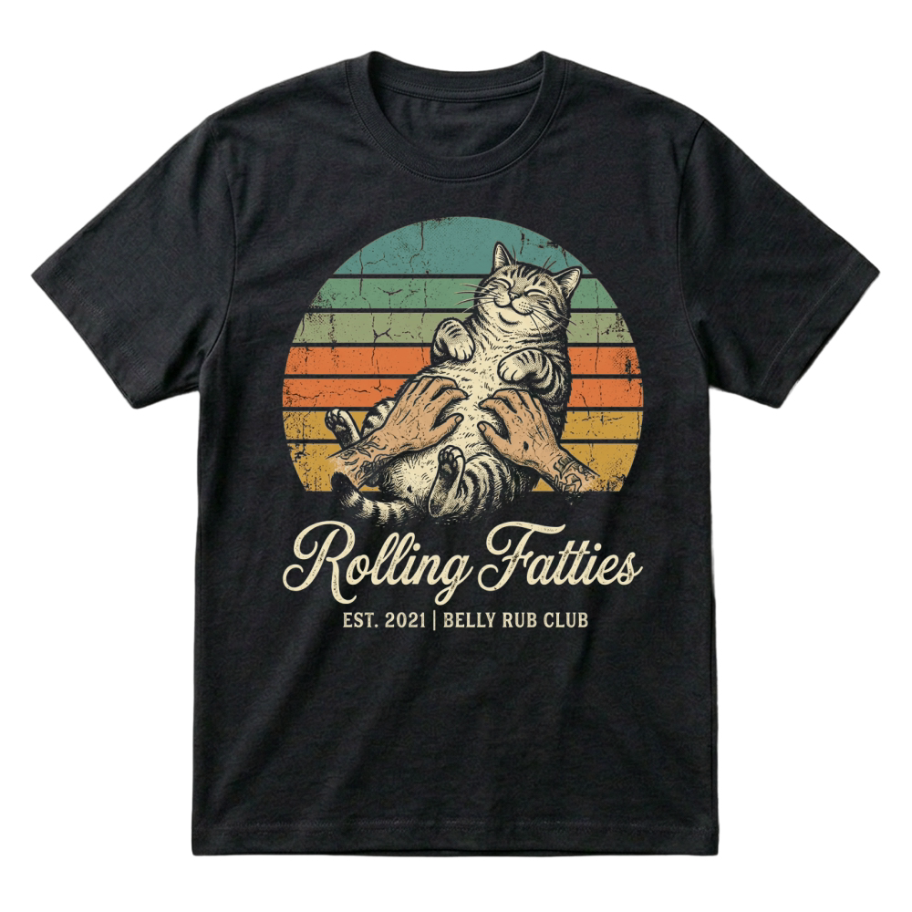 Product rolling fatties belly rub club tabby cat retro T-Shirt