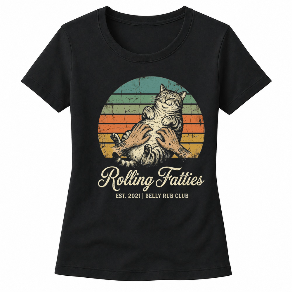Product rolling fatties belly rub club tabby cat retro Women's T-shirts