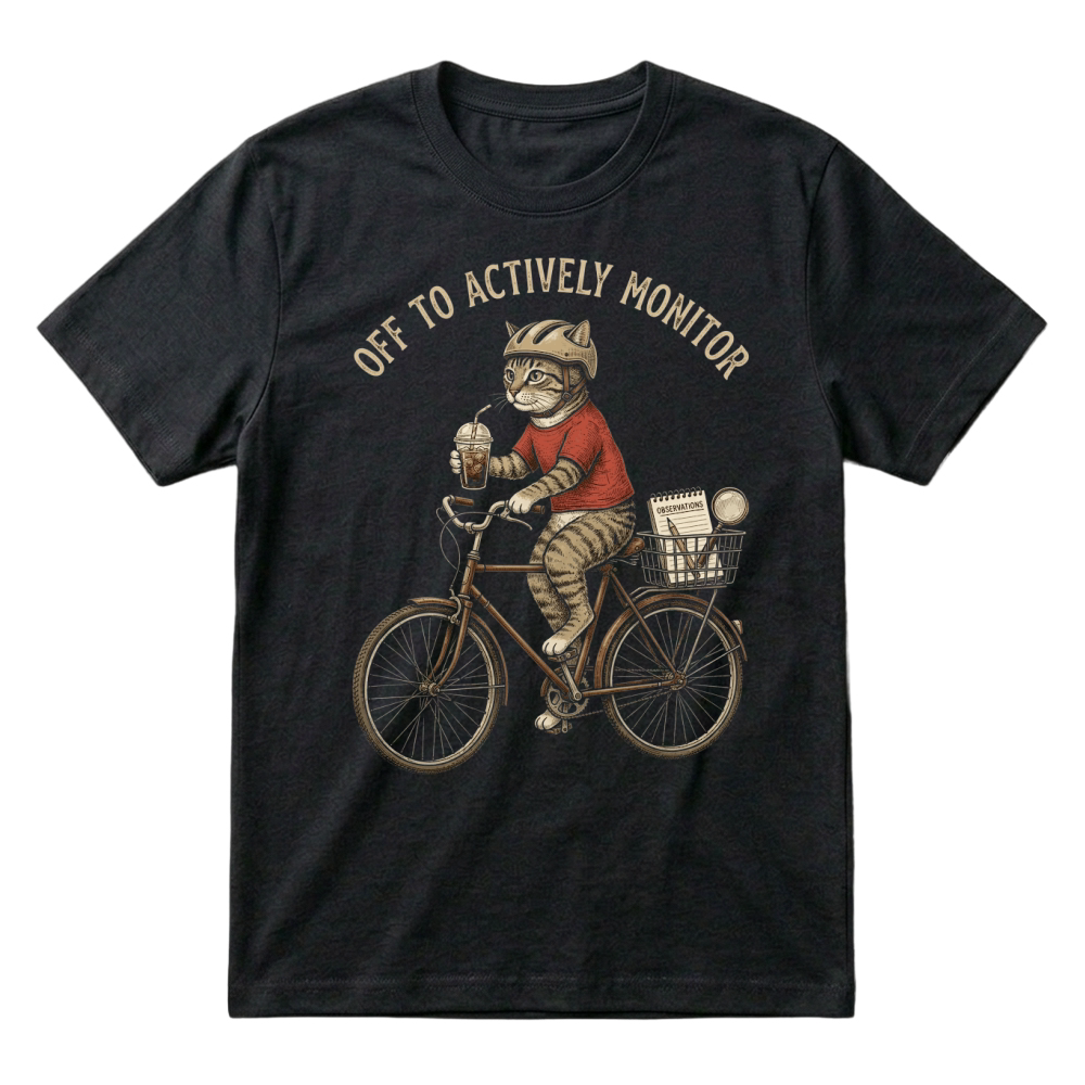 Product Off to actively monitor cat bicycle iced coffee T-Shirt