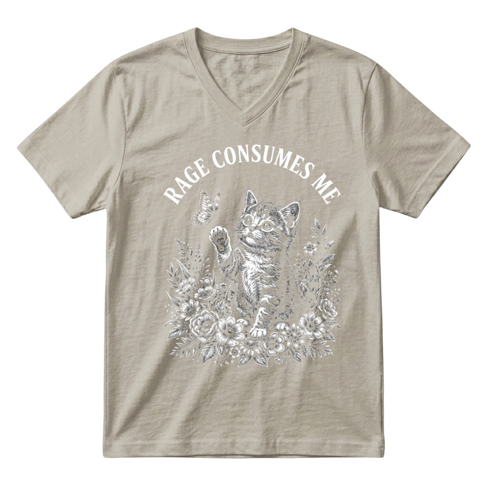 Product rage cat butterfly floral whimsical V-Neck T-shirt