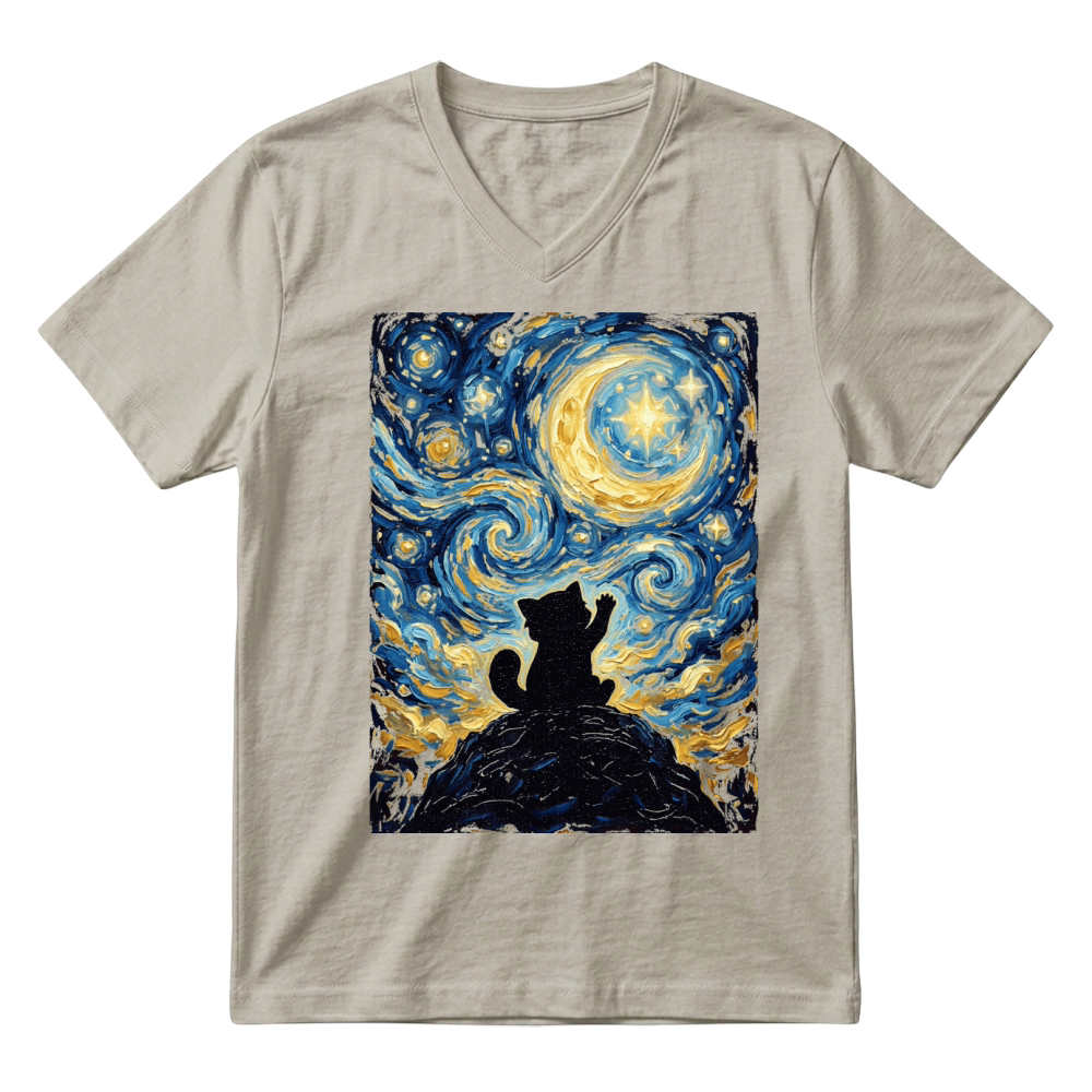 Product Starry Night Cat Painting Silhouette V-Neck T-shirt