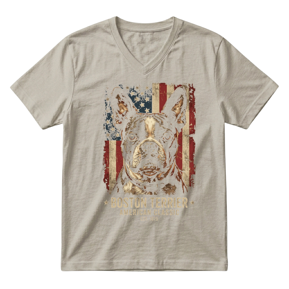 Product Boston Terrier American Flag Dog V-Neck T-shirt