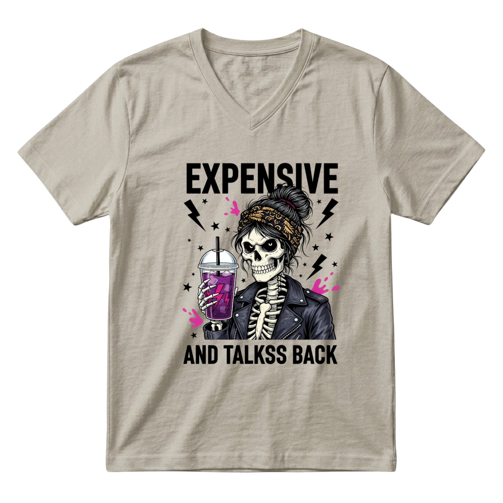 Product Spooky Halloween Retro Expensive and Talks Back Skeleton V-Neck T-shirt