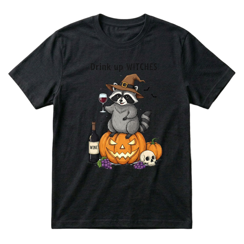 Product Spooky Halloween Retro Drink Up Witches Raccoon Pumpkin T-Shirt