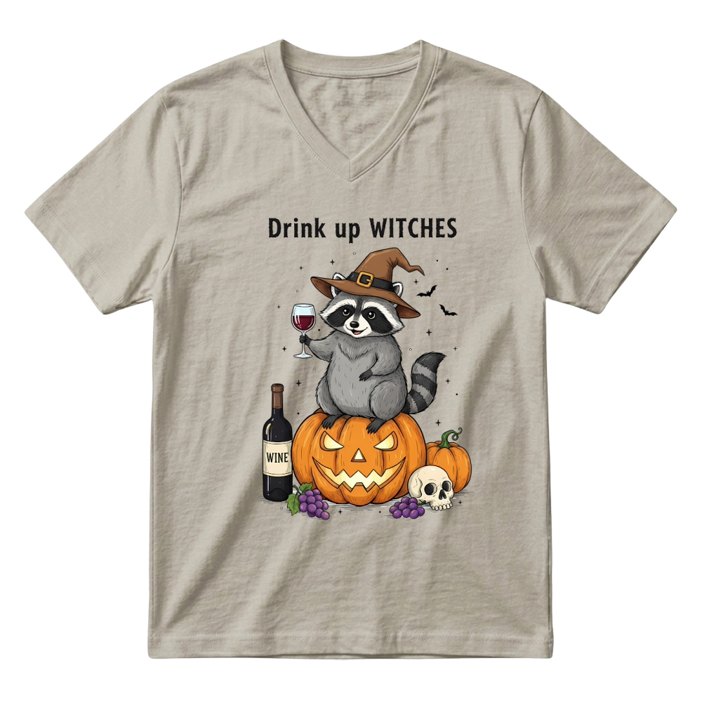 Product Spooky Halloween Retro Drink Up Witches Raccoon Pumpkin V-Neck T-shirt