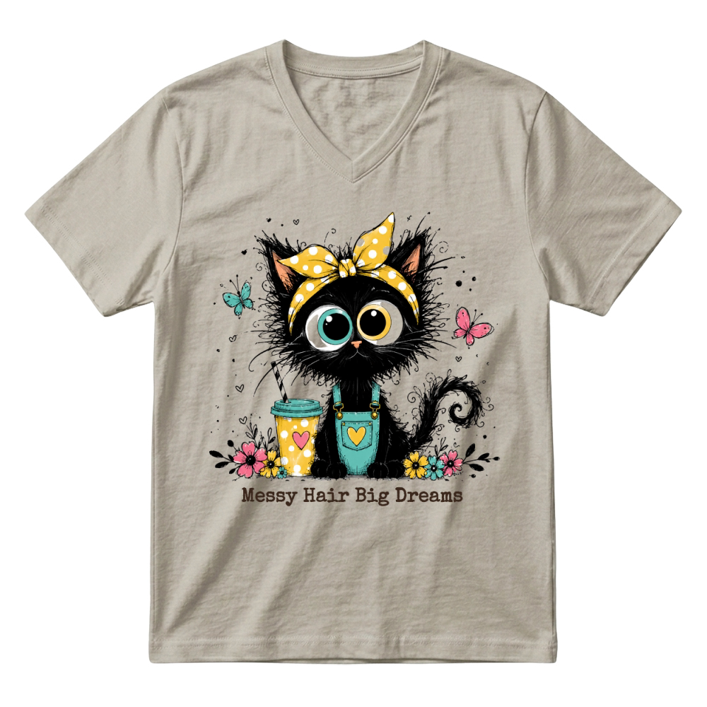 Product Messy Hair Big Dreams Black Cat V-Neck T-shirt
