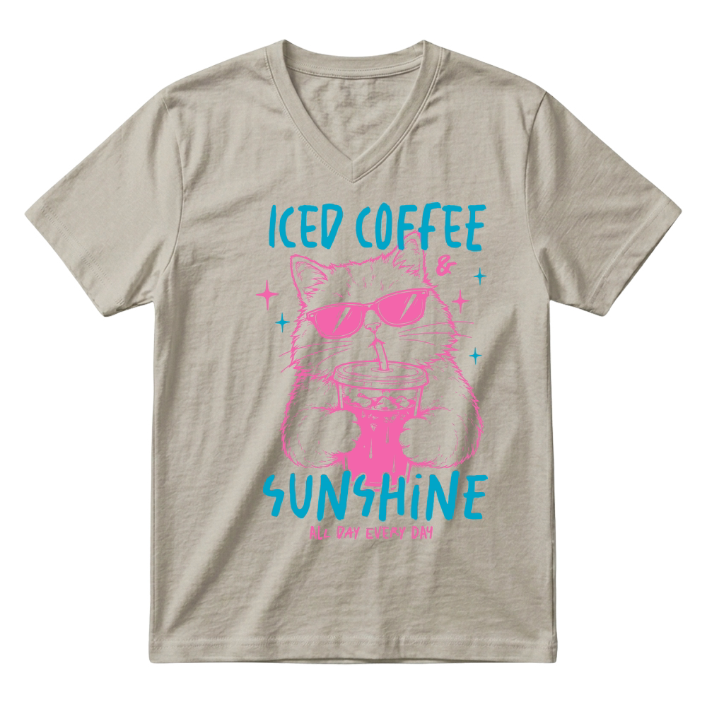 Product Iced coffee & sunshine Sarcastic Funny Cat V-Neck T-shirt
