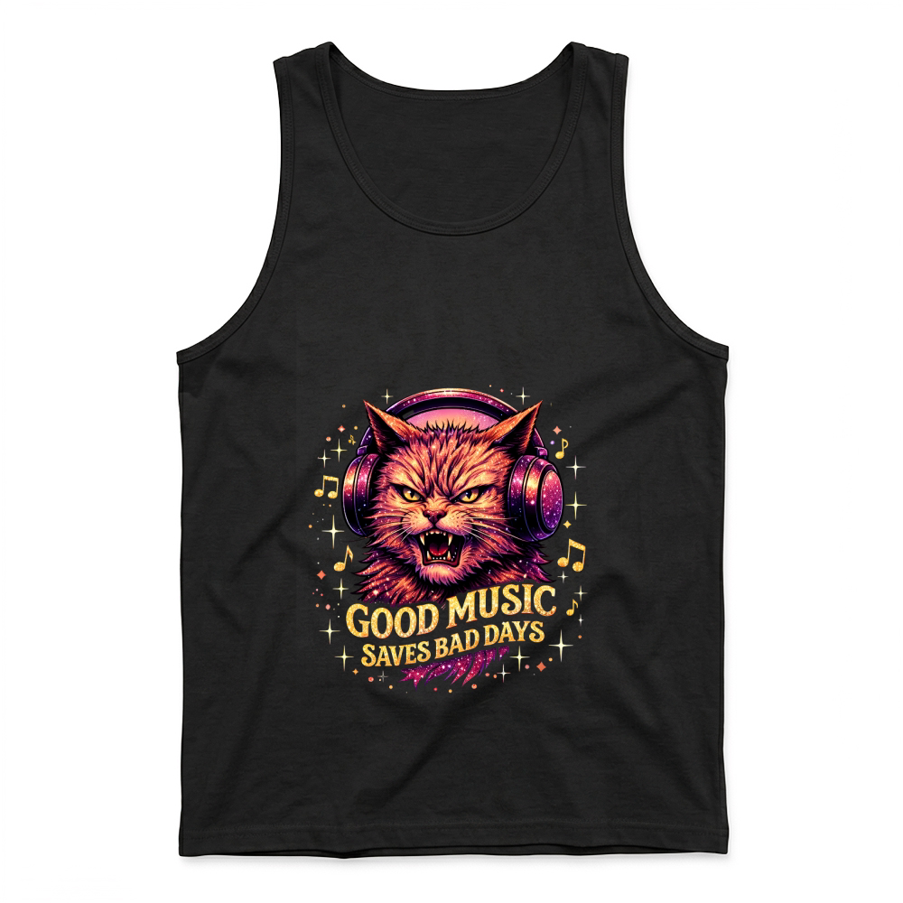 Product Good Music Saves Bad Days Funny Cat Tank Top