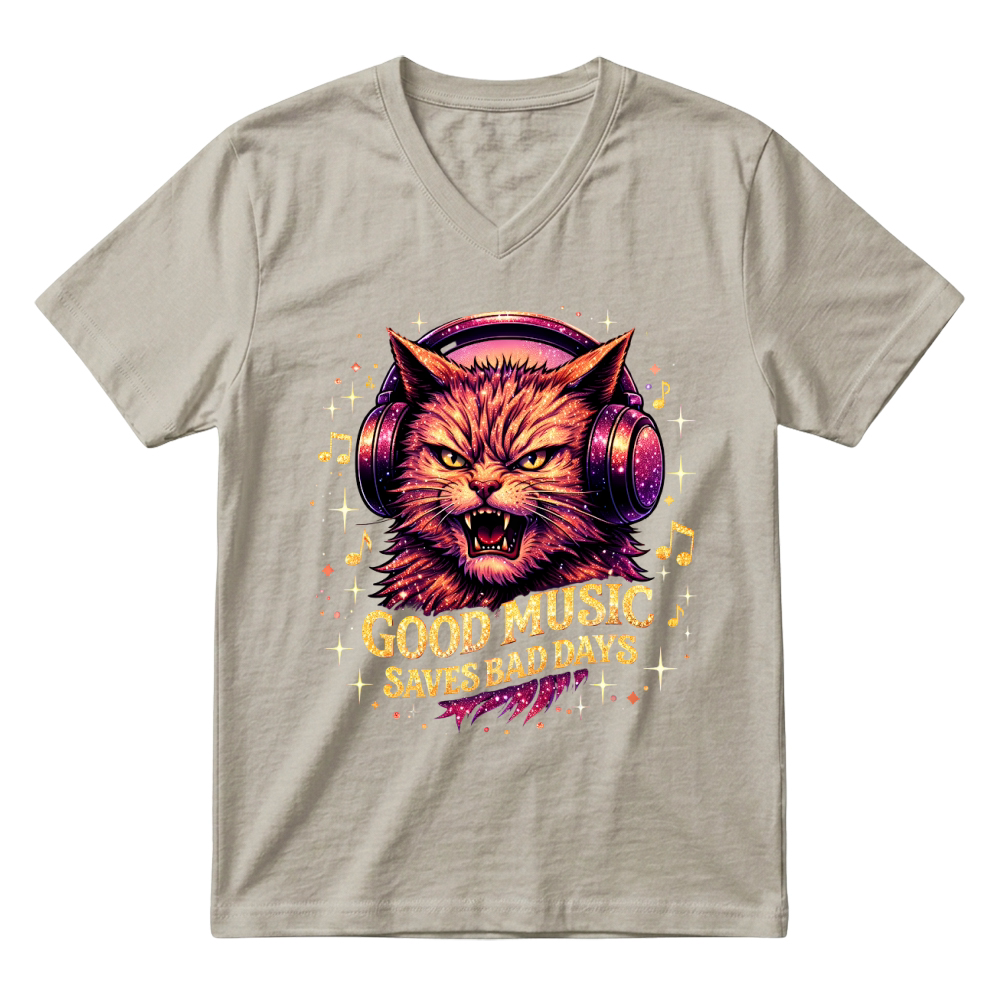 Product Good Music Saves Bad Days Funny Cat V-Neck T-shirt