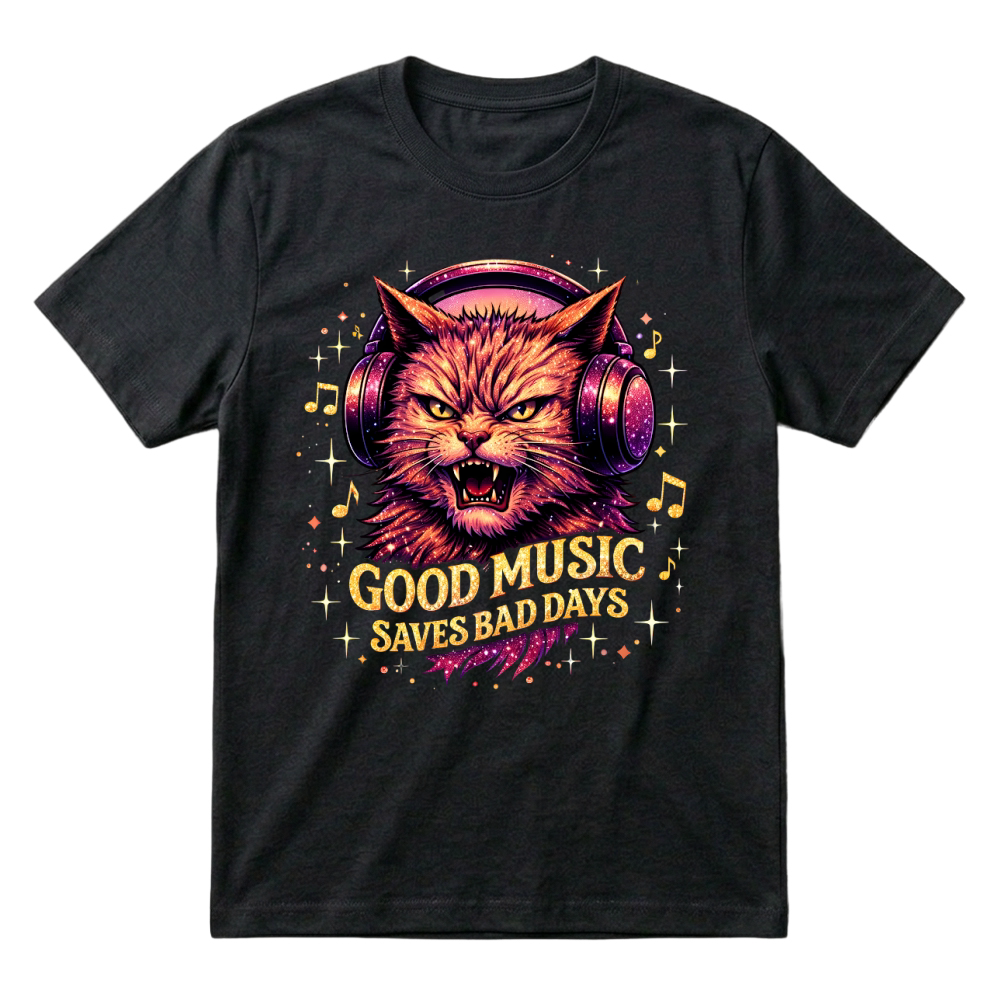 Product Good Music Saves Bad Days Funny Cat T-Shirt
